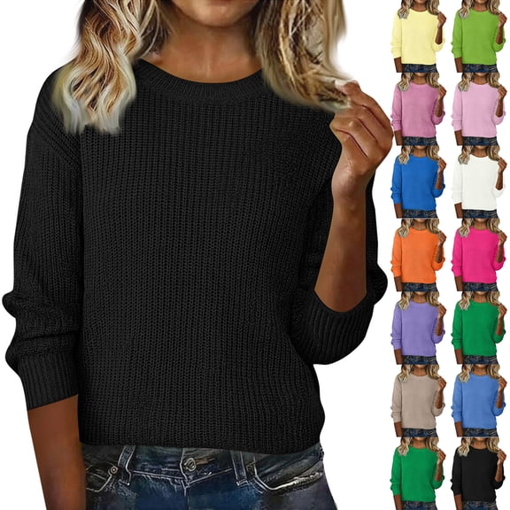 Sweaters for Women Cozy Crew Neck Long Sleeve Pullover, Y2k Soft Lightweight Knit Sweater Hot Pink L