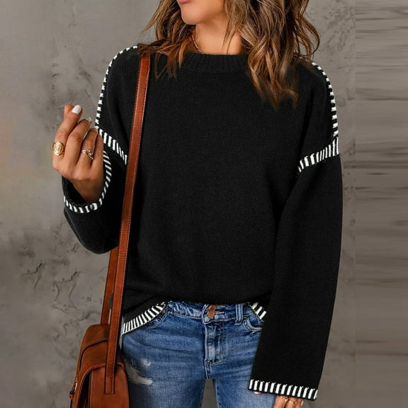 Sweaters for Women Cozy Women's Fall Winter Solid Color Knit Sweater with Color Block Design Long Sleeve Crew Neck Pullover Top