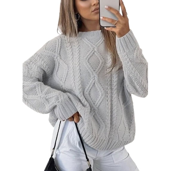Sweaters for Women Crew Neck Cable Knit Sweater Ribbed Long Sleeve Knitted Pullover Sweater Alsol Lamesa