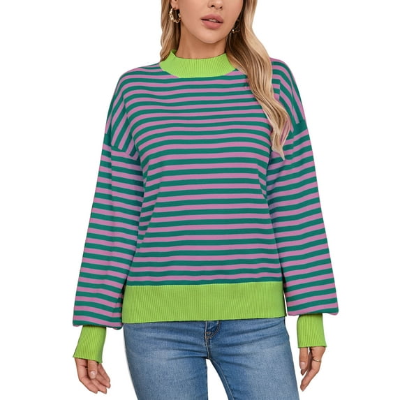 Sweaters for Women Crew Neck Loose Fit Long Sleeve Striped Knitted Pullover Sweaters Tops Color Block Winter Sweaters Alsol Lamesa