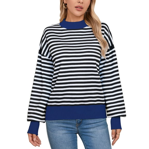 Sweaters for Women Crew Neck Loose Fit Long Sleeve Striped Knitted Pullover Sweaters Tops Color Block Winter Sweaters Alsol Lamesa
