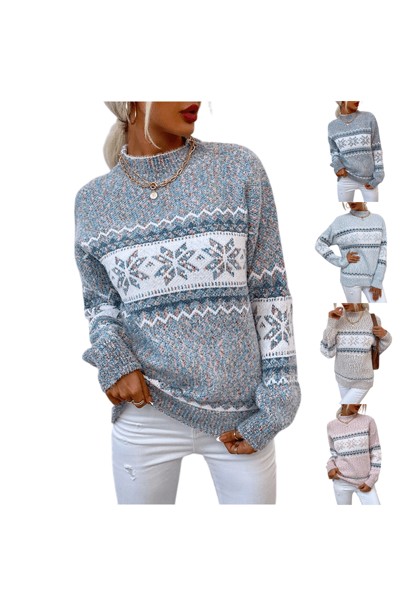 Sweaters for Women Crew Neck Snowflake Fair Isle Knit Long Sleeve Relaxed Fit Soft Warm Winter Casual Knitted Pullover Daily Wear Jumper Top Gray S
