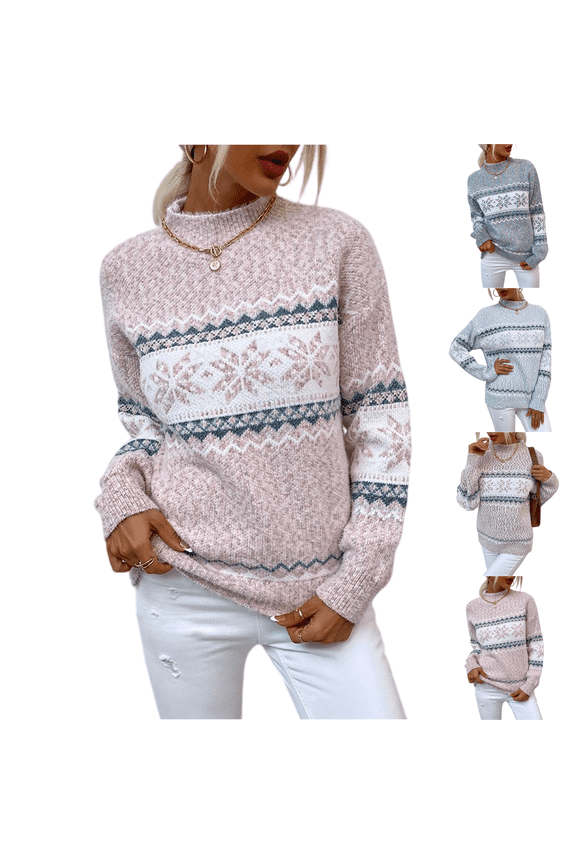 Sweaters for Women Crew Neck Snowflake Fair Isle Knit Long Sleeve Relaxed Fit Soft Warm Winter Casual Knitted Pullover Daily Wear Jumper Top Pink M