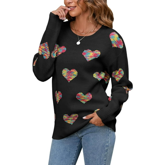 Sweaters for Women Valentine's Day Crewneck Long Sleeve Pullover Sweaters Colorful Heart Print Knitted Sweater Shermie