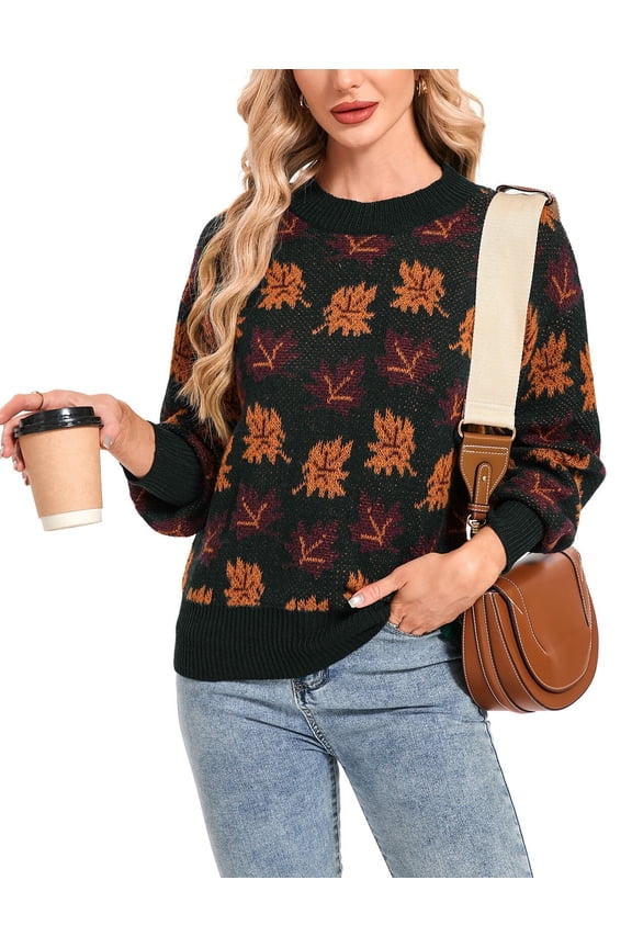 Sweaters for Women Crewneck Maple Leaves Printed Halloween Sweater Ribbed Lantern Sleeve Casual Knitted Pullover Sweater Alsol Lamesa