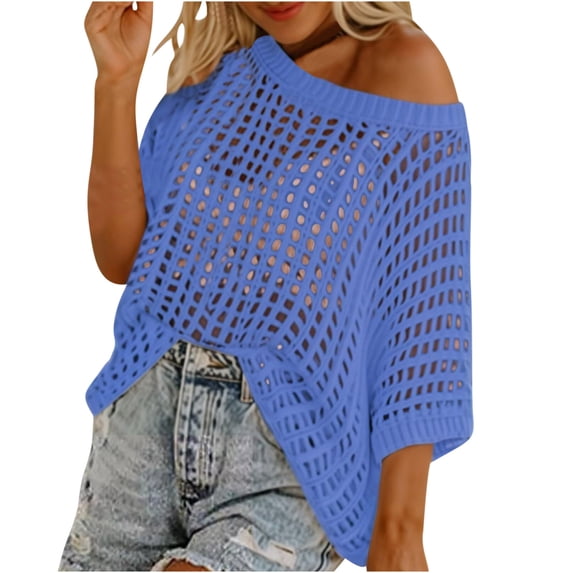 Sweaters for Women Crochet Hollow Out Five Quarter Sleeve Beach Cover Up Knitted Pullover Fall Lightweight Tops