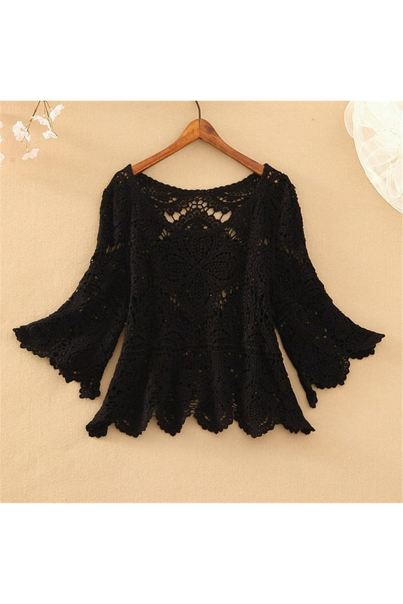 Sweaters for Women Cropped Crochet Cut Out Half Sleeve Top Smock Fall Clothes 2023 Black