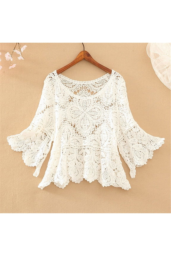 Sweaters for Women Cropped Crochet Cut Out Half Sleeve Top Smock Fall Clothes 2023 WH1