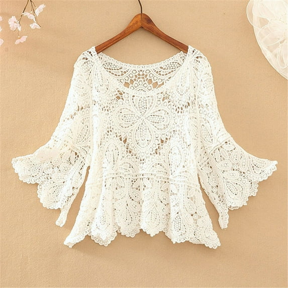 Sweaters for Women Cropped Crochet Cut Out Half Sleeve Top Smock Fall Clothes 2023 WH1