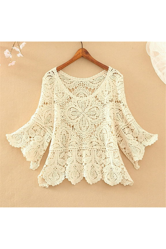 Sweaters for Women Cropped Crochet Cut Out Half Sleeve Top Smock Fall Clothes 2023 WH2