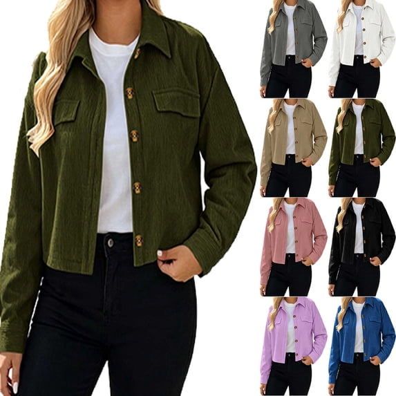 Sweaters for Women Dqueduo Women's Solid Corduroy Cropped Shacket Jacket – Button-Down Long Sleeve Casual Coat Army Green M