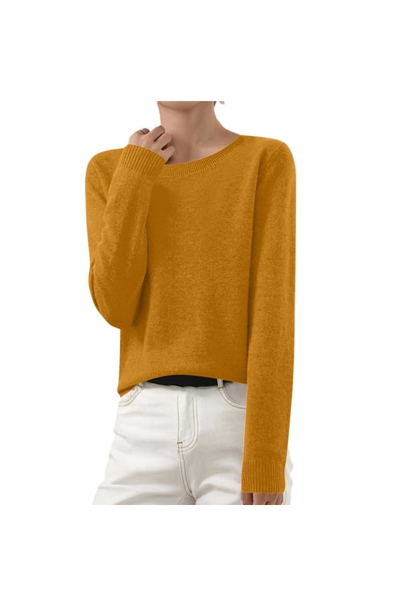 Sweaters for Women Fall Crewneck Long Sleeve Wool Blend Sweater 2026 Warm Knitted Pullover Tops Jumper (Yellow,S)