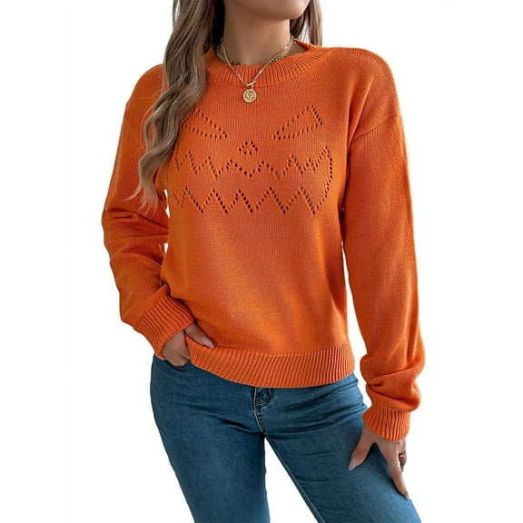 Sweaters for Women Fall Fashion 2025 Trendy Long Sleeve Pullover Lantern Knit Sweater Tops Orange Color S