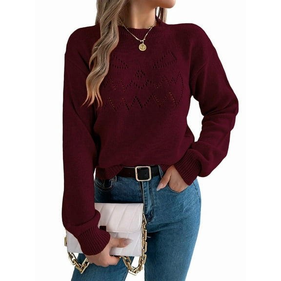 Sweaters for Women Fall Fashion 2025 Trendy Long Sleeve Pullover Lantern Knit Sweater Tops Wine Red S