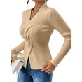 thumbnail image 1 of Sweaters for Women Fall Long Sleeve V Neck Ribbed Knit Sweater Slim Fit Solid Basic Casual Tops Khaki S, 1 of 9