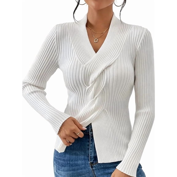 Sweaters for Women Fall Long Sleeve V Neck Ribbed Knit Sweater Slim Fit Solid Basic Casual Tops White M