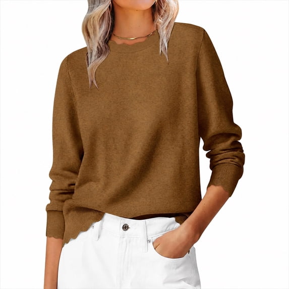 Sweaters for Women Fall Loose Fit Lightweight Scalloped Long Sleeve Tops, L