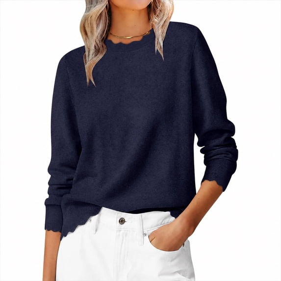 Sweaters for Women Fall Loose Fit Lightweight Scalloped Long Sleeve Tops, S