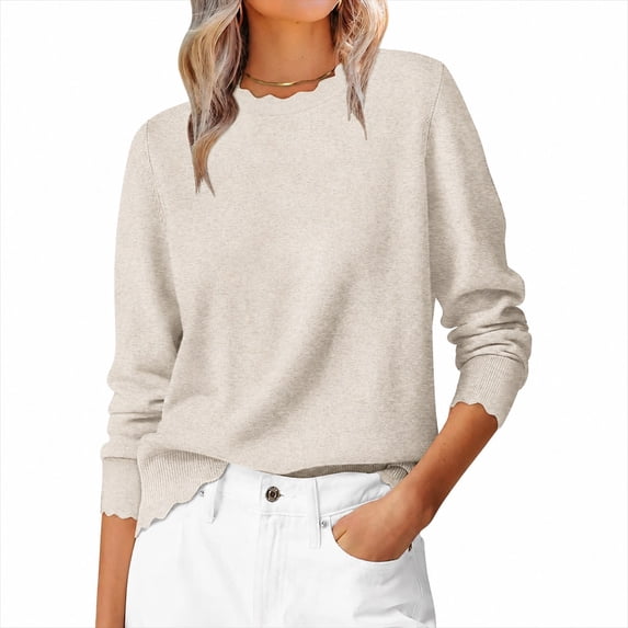 Sweaters for Women Fall Loose Fit Lightweight Scalloped Long Sleeve Tops, XL