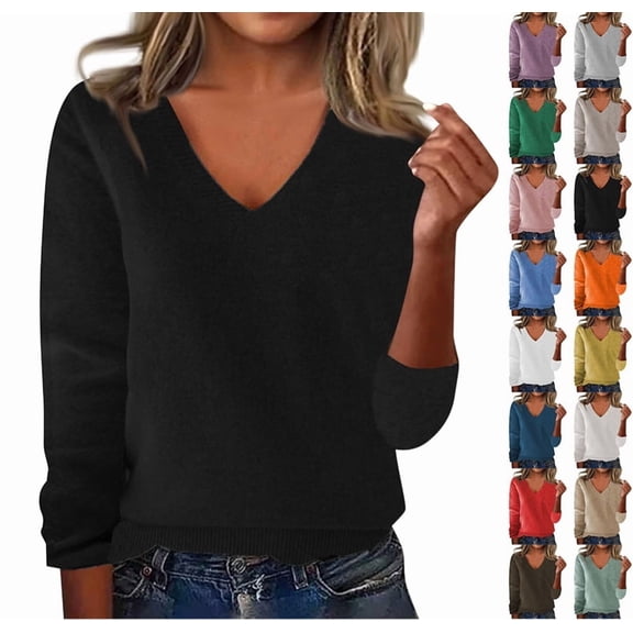 Sweaters for Women Fall V Neck Long Sleeve Tops Dressy Casual Knit Wool Sweater Cozy Lightweight Pullover Black S