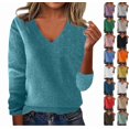 thumbnail image 1 of Sweaters for Women Fall V Neck Long Sleeve Tops Dressy Casual Knit Wool Sweater Cozy Lightweight Pullover Blue M, 1 of 5