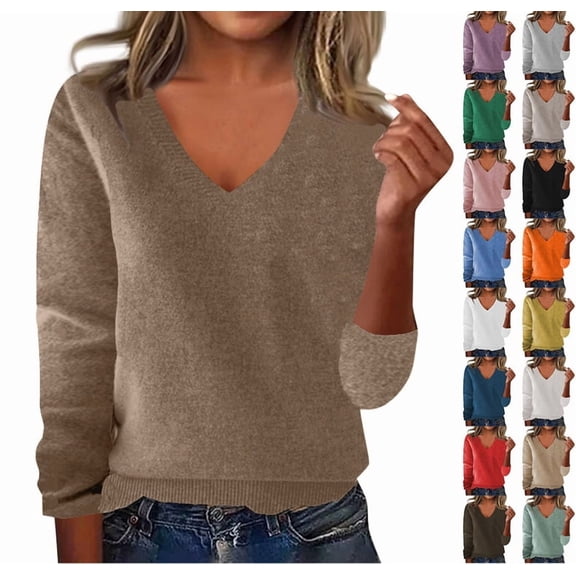 Sweaters for Women Fall V Neck Long Sleeve Tops Dressy Casual Knit Wool Sweater Cozy Lightweight Pullover Camel XXL