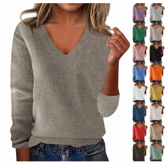 Sweaters for Women Fall V Neck Long Sleeve Tops Dressy Casual Knit Wool Sweater Cozy Lightweight Pullover Light Brown S