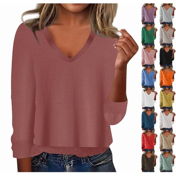 Sweaters for Women Fall V Neck Long Sleeve Tops Dressy Casual Knit Wool Sweater Cozy Lightweight Pullover Pink S