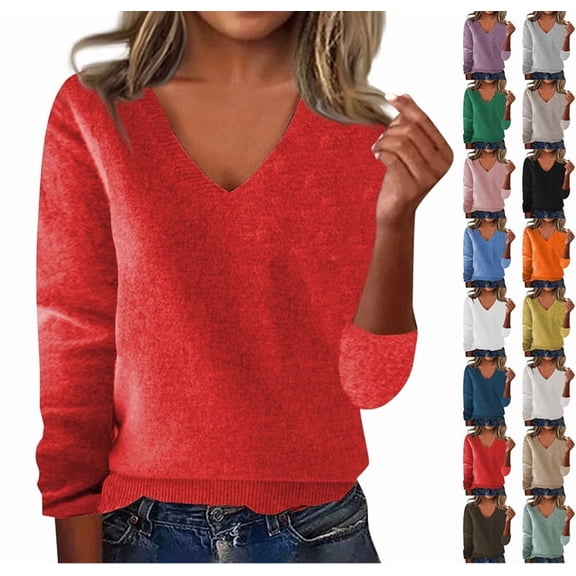 Sweaters for Women Fall V Neck Long Sleeve Tops Dressy Casual Knit Wool Sweater Cozy Lightweight Pullover Red L