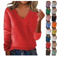 thumbnail image 1 of Sweaters for Women Fall V Neck Long Sleeve Tops Dressy Casual Knit Wool Sweater Cozy Lightweight Pullover Red XXL, 1 of 4