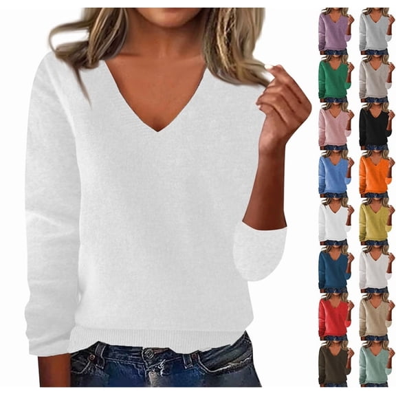 Sweaters for Women Fall V Neck Long Sleeve Tops Dressy Casual Knit Wool Sweater Cozy Lightweight Pullover White XXL