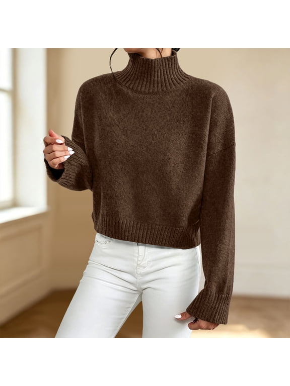 Sweaters for Women Fall Winter Turtleneck Cropped Knit Sweater Tops