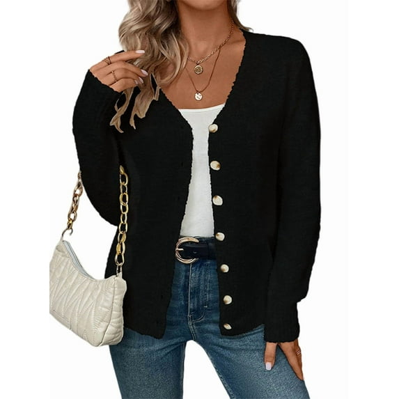 Sweaters for Women Fall Winter V Neck Button Down Cute Sweater Jacket Knit Tops Black S