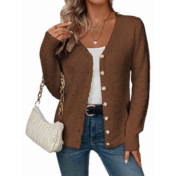 Sweaters for Women Fall Winter V Neck Button Down Cute Sweater Jacket Knit Tops Coffee Color L