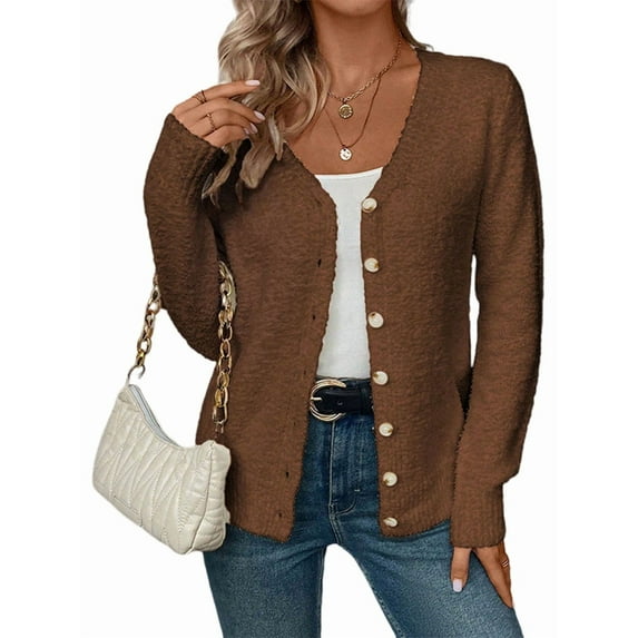 Sweaters for Women Fall Winter V Neck Button Down Cute Sweater Jacket Knit Tops Coffee Color S