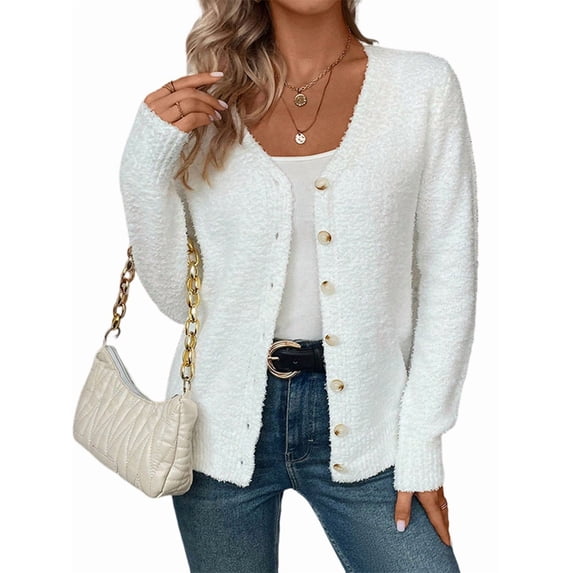 Sweaters for Women Fall Winter V Neck Button Down Cute Sweater Jacket Knit Tops White M