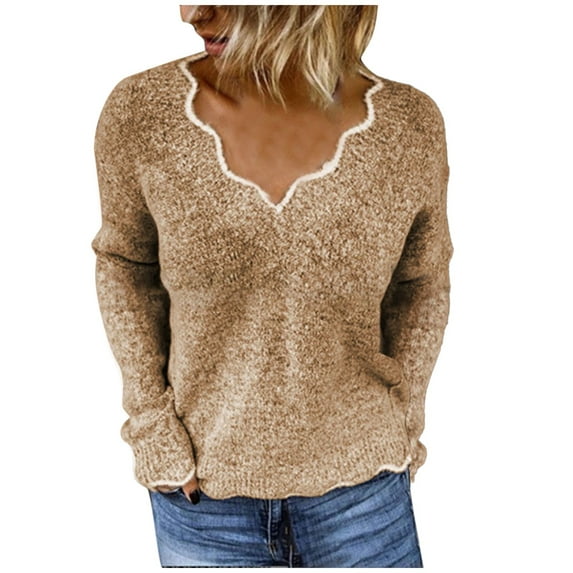 Sweaters for Women Fashion Casual Slim Fit Long Sleeve Stripe V-neck Knitted Sweater Tops