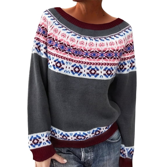 Sweaters for Women Fashion Isle Print Retro Crewneck Long Sleeve Loose Lightweight Cropped Knit Pullover Tops