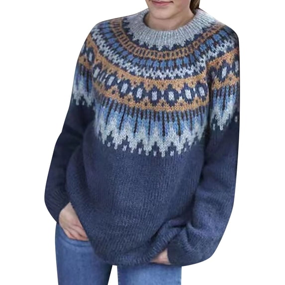 Sweaters for Women Fashion Medium Long Jacquard Round Neck Long Sleeve Loose Knit Pullover Autumn Winter Tops