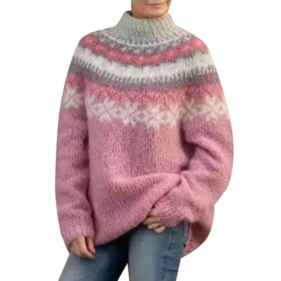 Sweaters for Women Fashion Medium Long Jacquard Round Neck Long Sleeve Loose Knit Pullover Autumn Winter Tops