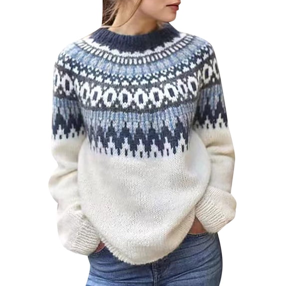 Sweaters for Women Fashion Medium Long Jacquard Round Neck Long Sleeve Loose Knit Pullover Autumn Winter Tops