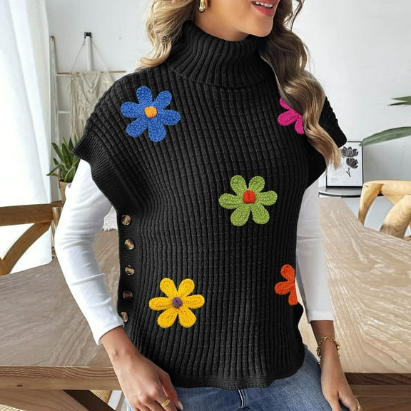 Sweaters for Women Flower Solid Color Turtleneck Casual Oversize Winter Sleeveless Tank Womens Sweaters Plus Size Black Free Size