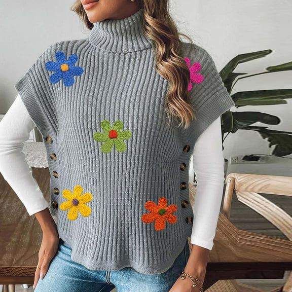 Sweaters for Women Flower Solid Color Turtleneck Casual Oversize Winter Sleeveless Tank Womens Sweaters Plus Size Gray Free Size