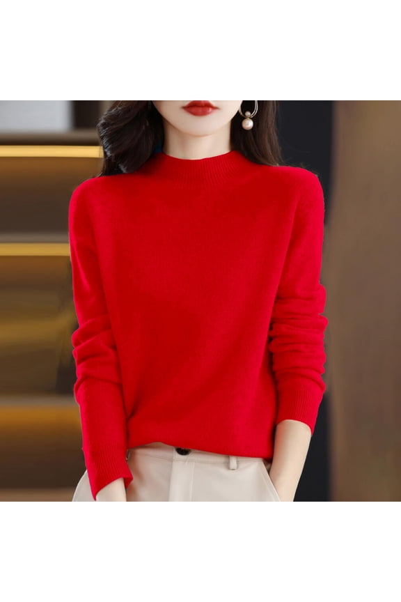 Sweaters for Women Half Turtleneck Long Sleeve Jumper Knitted Pullover Warm Sweater Tops Red 2XL