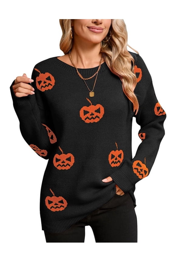 Sweaters for Women Halloween Day Pumpkin Ghost Print Pullover Sweater Casual Loose Knitted Crewneck Sweaters Shermie