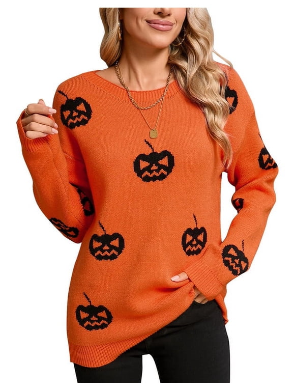Sweaters for Women Halloween Day Pumpkin Ghost Print Pullover Sweater Casual Loose Knitted Crewneck Sweaters Shermie