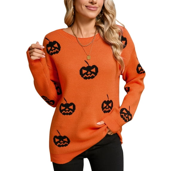 Sweaters for Women Halloween Pumpkin Knitted Sweater Casual Crewneck Sweater Long Sleeve Pullover Sweaters Alsol Lamesa