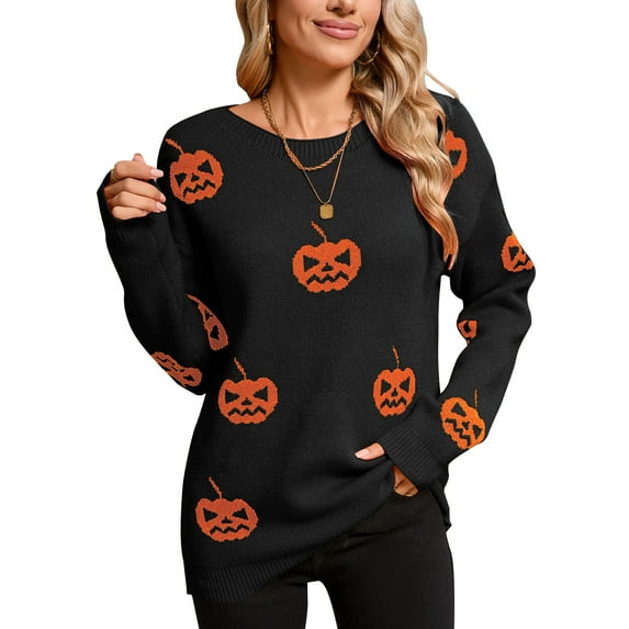 Sweaters for Women Halloween Pumpkin Print Crewneck Cable Knit Sweater Ribbed Long Sleeve Knitted Pullover Sweater Alsol Lamesa