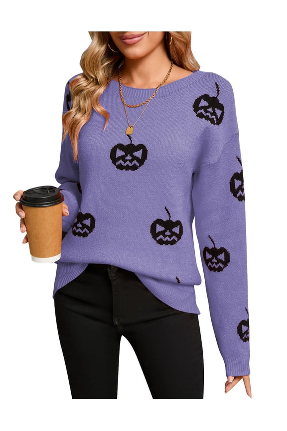 Halloween Sweaters for Women Pumpkin Fall Sweater Ribbed Long Sleeve Crewneck Knitted Pullover Sweater Alsol Lamesa