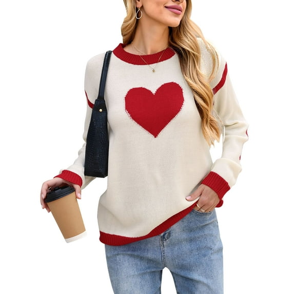 Sweaters for Women Heart Print Valentines Day Crewneck Color Block Knitted Pullover Sweaters Warm Long Sleeve Jumper Tops Alsol Lamesa